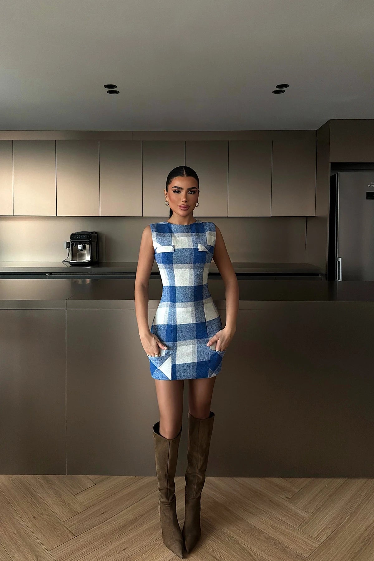 Blue Plaid Sleeveless Dress