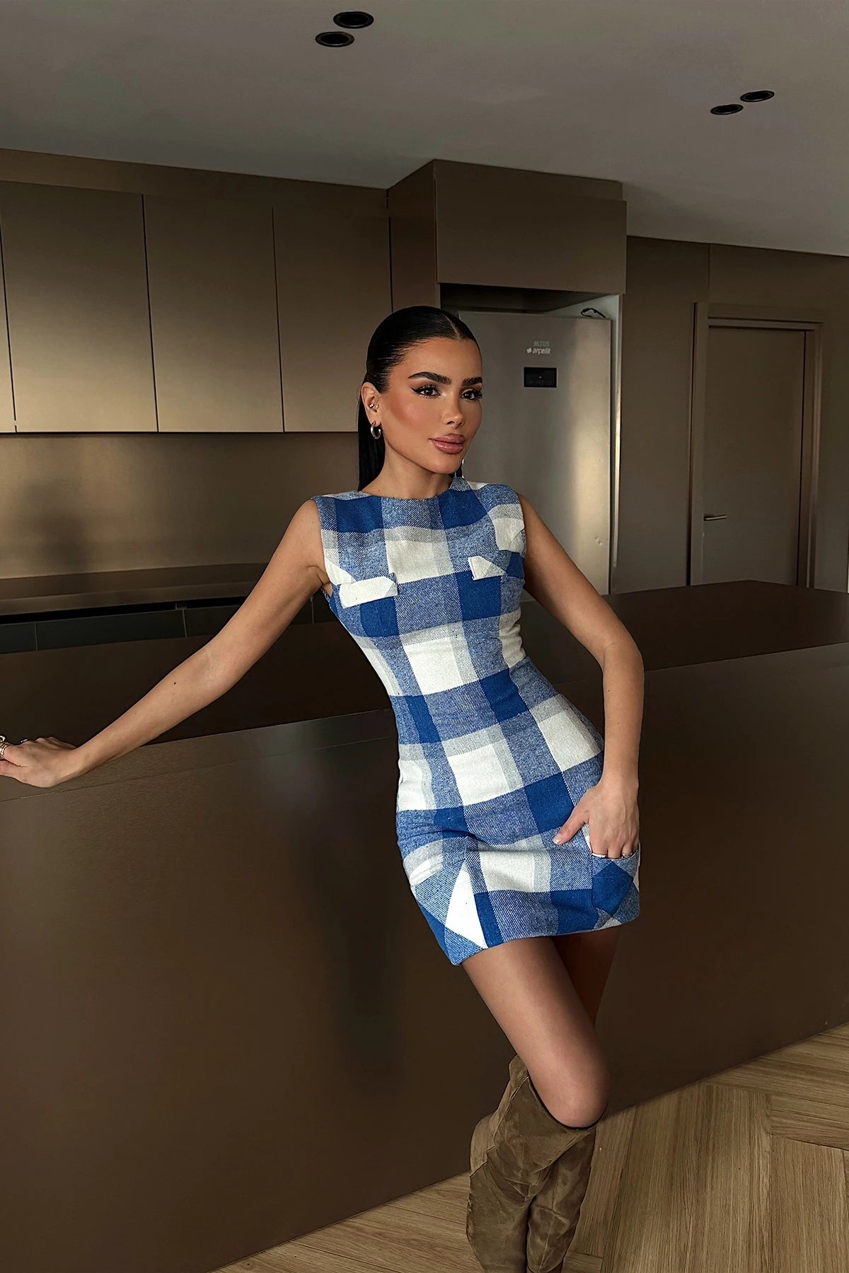 Blue Plaid Sleeveless Dress