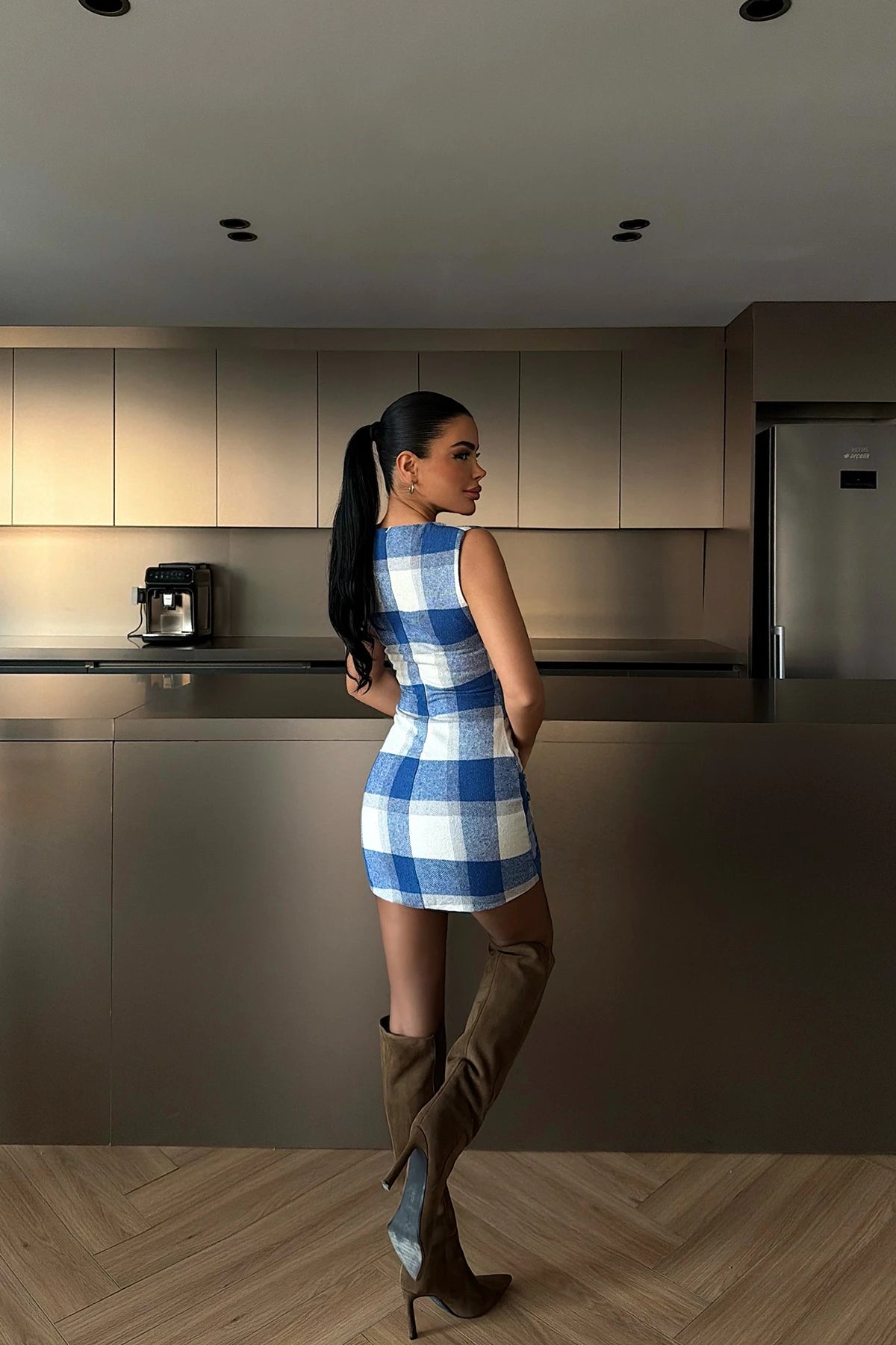 Blue Plaid Sleeveless Dress